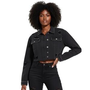 Forever 21 Studded Distressed Cropped Denim Jacket Womens M Black Grunge Punk
